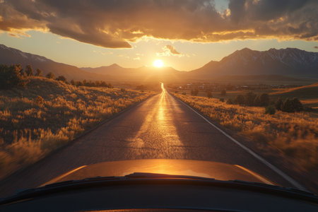 Scenic sunset drive through utah stunning views of mountains and grassy plains on a serene highwayの写真素材