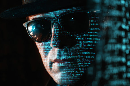 Mysterious hacker in sunglasses and hat against black background with digital code patterns
