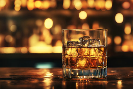 Whiskey on ice in a glass on a wooden table with blurred night bar background for bannerの写真素材