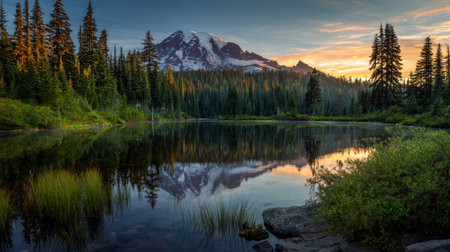 Stunning view of mount rainier at golden hour with reflective lake and surrounding forest landscapeの写真素材