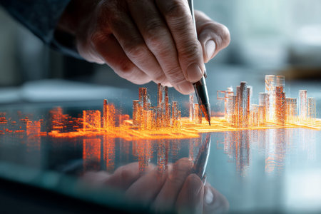 Businessman creates a digital cityscape with holograms and data visualizations on a glass tableの写真素材