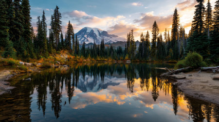 Stunning view of mount rainier at golden hour with reflective lake and surrounding forest treesの写真素材