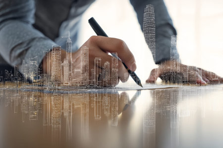 Businessman illustrates urban skyline with digital pen on glass table in double exposure concept