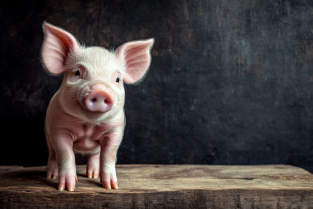 Charming piglet on wooden table with dark backdrop, featuring ample copy space in realistic styleの写真素材