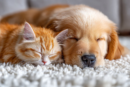 Adorable kittens and puppies cuddling on a white carpet, representing family pet care at homeの写真素材