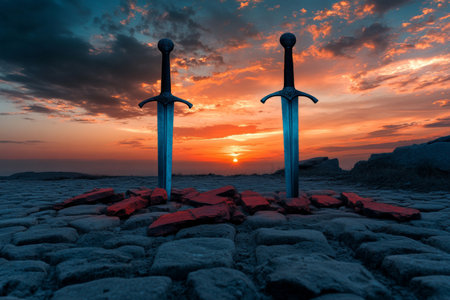 Panoramic banner of broken brick swords on cobblestone road symbolizing good vs evil at sunsetの写真素材