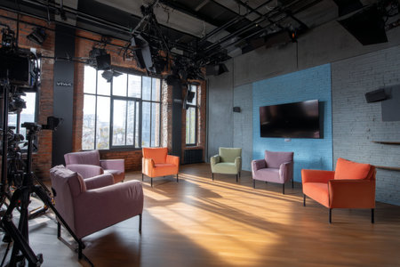 Modern TV talk show studio with armchairs and wall cameras for film and digital media production