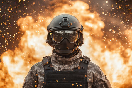 Military soldier in full gear with helmet and mask amidst explosions in the backgroundの写真素材