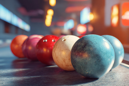 Vibrant bowling balls against a blurred alley a fun celebration with friends in a lively clubの写真素材