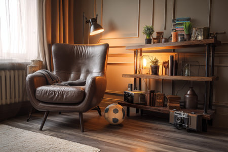 Elegant brown leather armchair complemented by wooden shelf in a warmly designed modern roomの写真素材