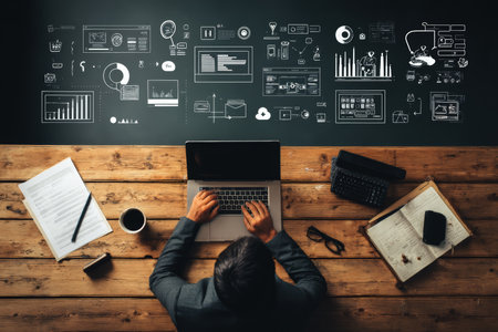 Top view of a business person using a laptop with data icons for digital marketing conceptsの写真素材