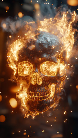 Dramatic 3d skull ablaze with realistic flames, smoke, and sparks in cinematic lighting