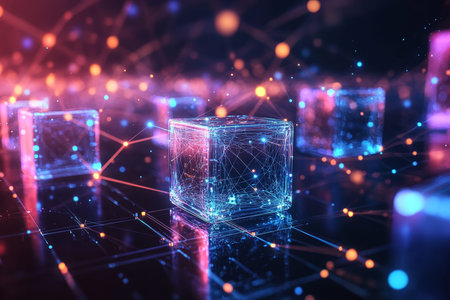 Abstract 3d rendering of illuminated glass cubes in a dark geometric landscape for tech and science