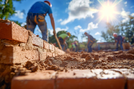 Close up of construction workers building a red brick wall under sunny blue sky with bokeh effectの写真素材