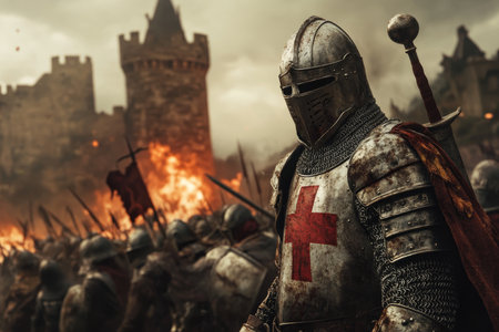 Knight in armor with red cross leads army into battle amidst burning castle in fantasy art sceneの写真素材