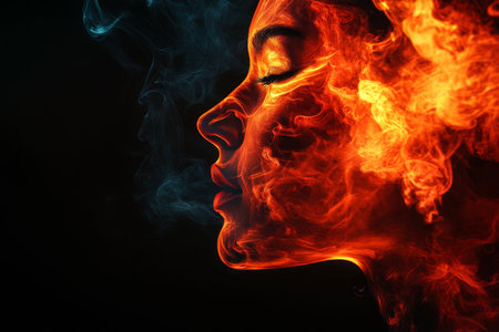 A photorealistic side view of a woman s face formed by smoke and fire against a dark backgroundの写真素材