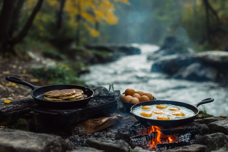Rustic outdoor camping breakfast cooking pancakes and eggs over fire amidst wilderness scenery