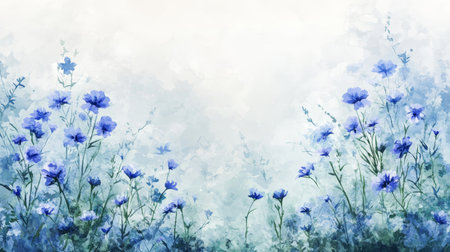 Abstract watercolor artwork featuring blue wildflowers on a misty background with text spaceの写真素材