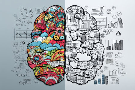 Illustration of left vs right brain colorful doodles and social media marketing elementsの写真素材