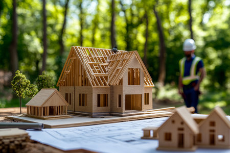 Construction worker in overalls and helmet at wooden house site with blueprints and model housesの写真素材