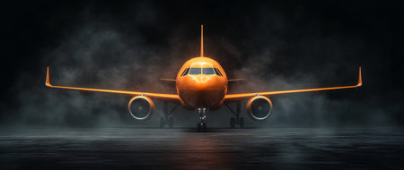 3d visualization of an orange airplane surrounded by fog against a dark background in front view