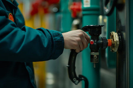 Close up of worker activating water tap in gas station, focus on hand and measuring toolの写真素材