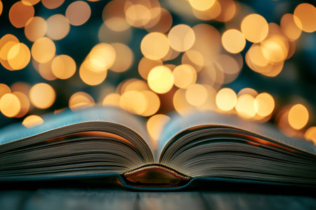 Close up of an open book with turning pages against festive bokeh lights for holiday readingの写真素材