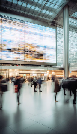 Dynamic airport terminal scene with travelers, luggage, and modern architecture in motionの写真素材