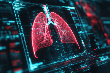 Close up of digital human anatomy displayed on screen with highlighted lungs in dark room setting