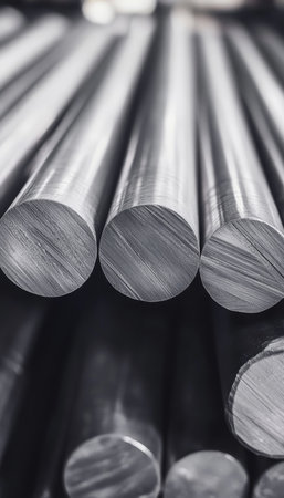 Close up of aluminum round bars in steel production factory showcasing metal texture and qualityの写真素材