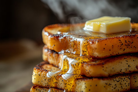 Delicious stack of French toast with melting butter and honey, captured in macro photography styleの写真素材