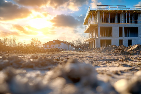Blurred construction site background featuring new house under sunny sky for real estate promotionの写真素材