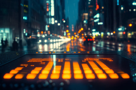 Vibrant equalizer with orange lights against a blurred night cityscape and music vibesの写真素材