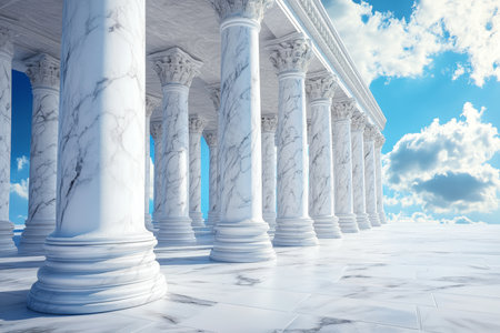 3d render of elegant white marble pillars against a blue sky in a fantasy landscape for design useの写真素材