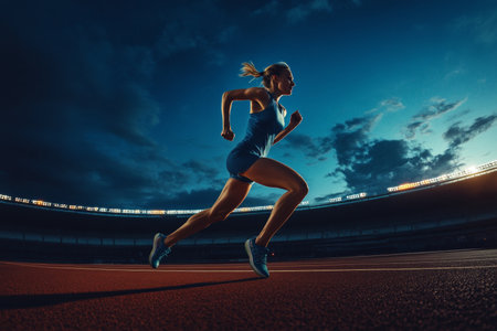 Female athlete sprinting on nighttime track with dark blue sky and clouds in stadium settingの写真素材