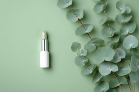 White lipstick and eucalyptus leaves on green background for beauty and spa advertising designの写真素材