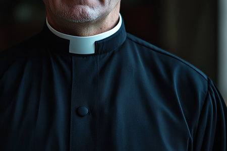 Close up portrait of a priest in black shirt with white collar against a blurred backgroundの写真素材