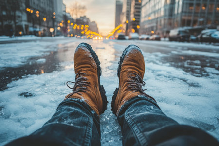 Close up of a person's feet on an icy street in a winter cityscape photographの写真素材