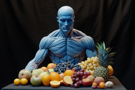 Hyper realistic blue skinned figure showcasing healthy eating with fruits on black backgroundの写真素材