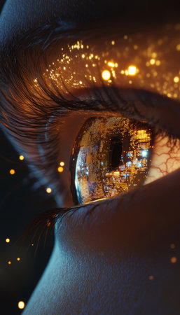 Futuristic eye close up glowing iris patterns and cosmic reflections in a magical bokeh atmosphereの写真素材