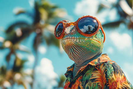 Cool chameleon in sunglasses and Hawaiian shirt enjoying beach vacation with palm trees and bokehの写真素材