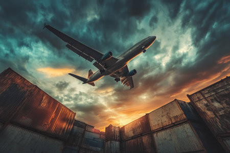 Dramatic evening light illuminates airplane over cargo containers against an industrial skyの写真素材