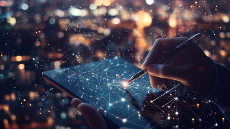 Businessman writing on a digital tablet amidst global connectivity and urban office environment