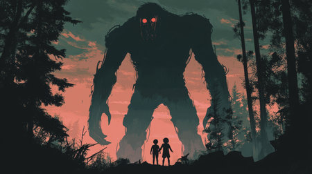 A towering monster in a dark forest, holding an adult and a child in haunting anime style.の写真素材