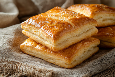 Close up of freshly baked rectangular scones with golden crust on a soft backgroundの写真素材