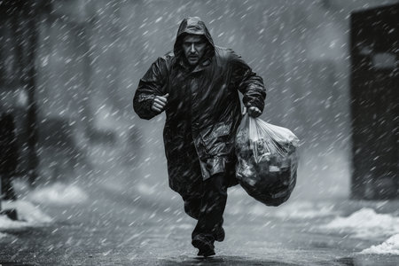 A man dashes through a snowstorm in the rain, carrying a bag of trash in black and whiteの写真素材