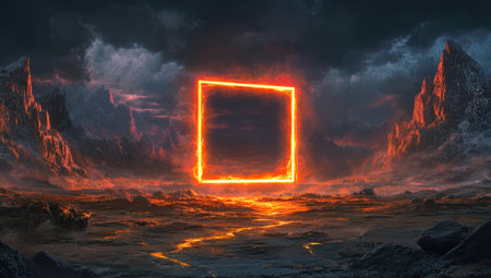 Neon illuminated square frame surrounded by a fantasy landscape with dark skies and mountainsの写真素材