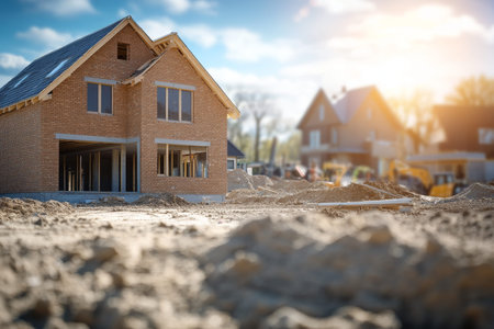 New house under construction with building materials and equipment on a sunny day in a villageの写真素材