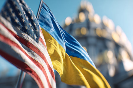 3d representation of us and Ukrainian flags with blurred dome background for stock photography useの写真素材