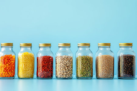 Vibrant display of glass jars filled with colorful grains and seeds on a table with blue backdrop